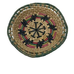 Vintage Hand Woven Straw Basket Table Decor Bohemian Wall Hang Multicolor 10.5”
